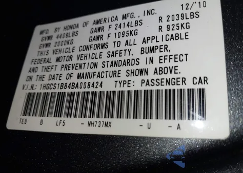2011 Honda Accord 2.4 Ex-L z USA, uszkodzony, nr VIN 1HGCS1B84BA008424